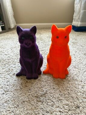 Pair of Flocked Cat Figurines - Halloween Spooky Decor Purple & Neon Orange